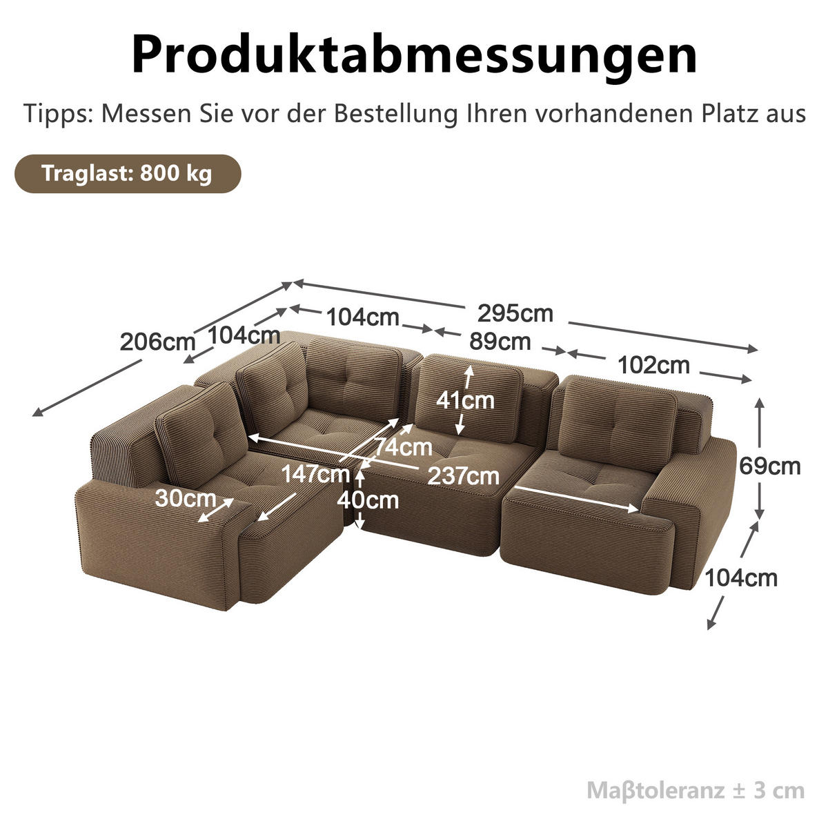 ECKSOFA DE-34222 modularer Tiefsitz Braun - Braun, Textil (104/382cm) - ComfortXL