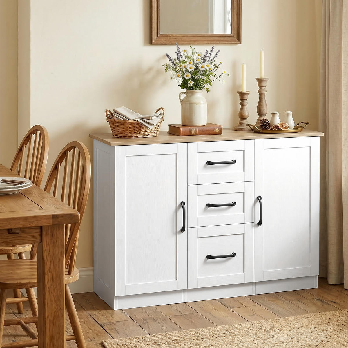 SIDEBOARD Weiß und Naturfarben, 2 Türen, 3 Schubladen, 110/35/80,4 cm - Weiß, Holz (110/80.4/35cm) - PANGIVO