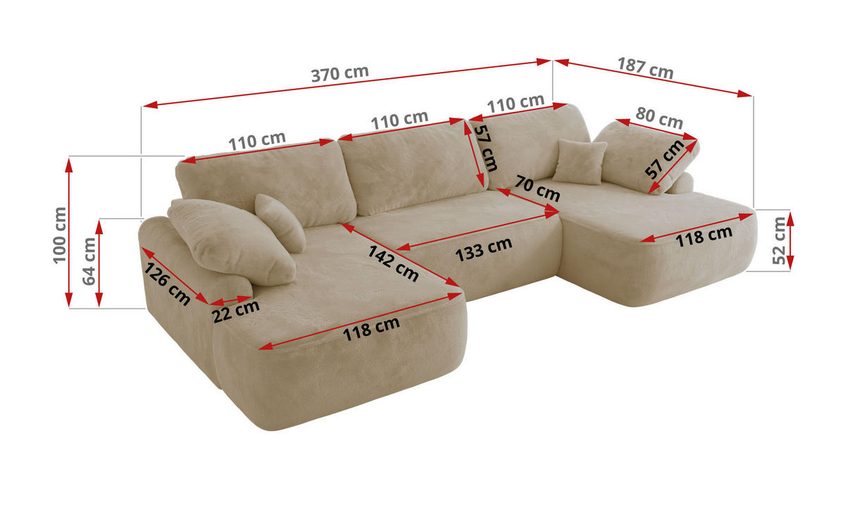 WOHNLANDSCHAFT CUBO U Creme Plüsch - Creme/Schwarz, Kunststoff/Textil (370/100/187cm) - MKS