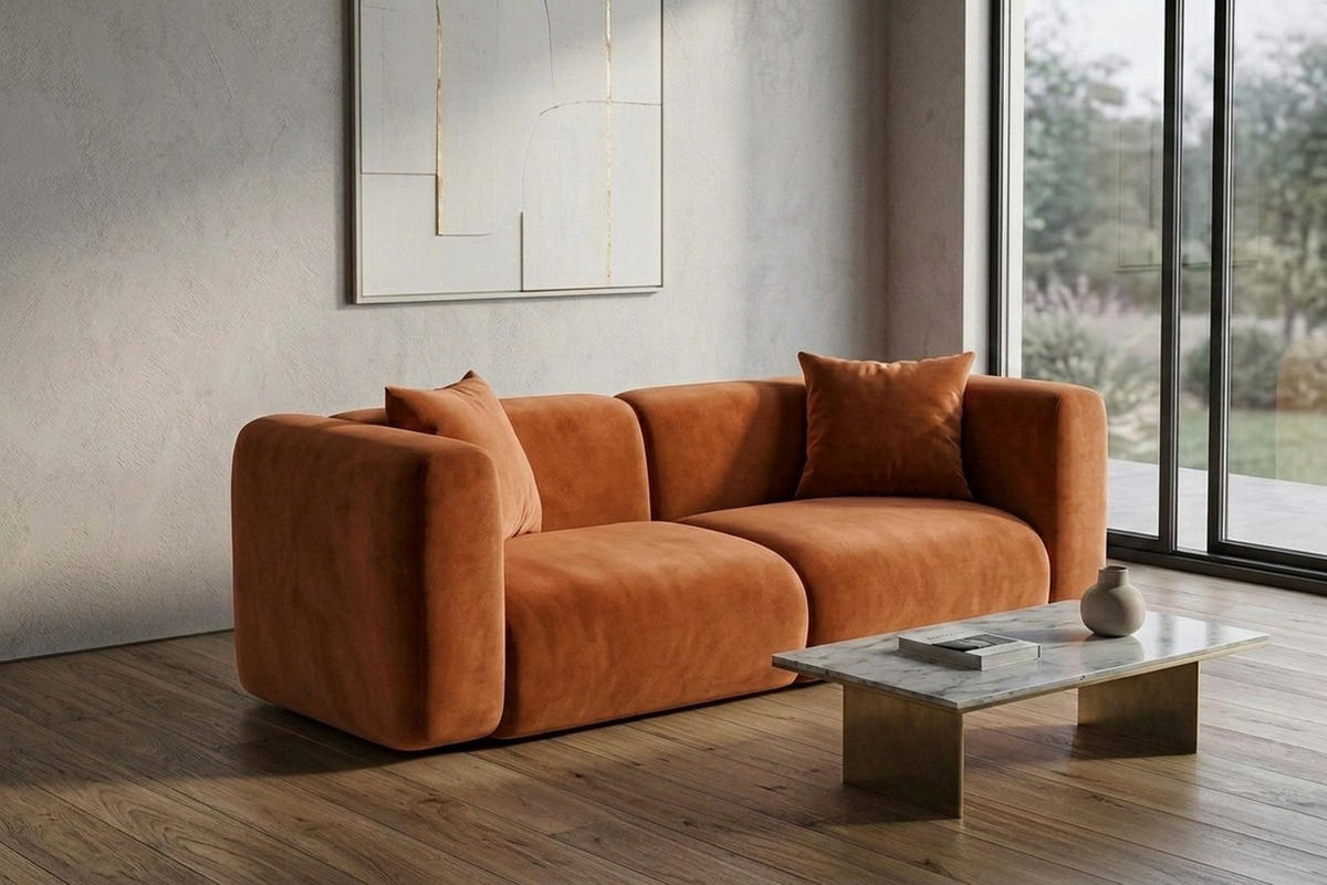 SOFA 2-Sitzer, Velvet-Stoff Bluvel, Zimtfarbe, GRETA - Orange, Holz (228/70/89cm) - Kaiser Möbel