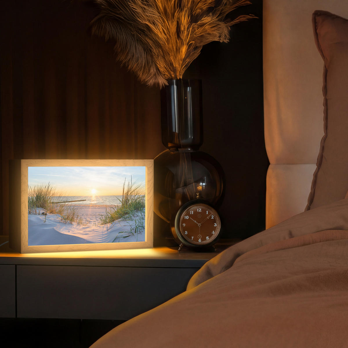STOLNÍ LAMPA Pláž - Slunce - Duna - Tráva - Písek - Horizont 30x20 cm - koňaková, kompozitní dřevo (8/30/20cm) - OnlyWow