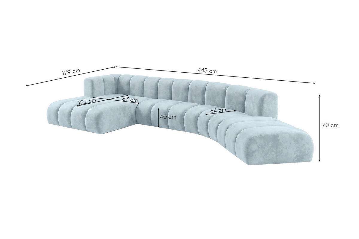 ECKSOFA Modulares In L-Form, Velvet-Stoff Riviera, Babyblau, Links, GRAND Round - Hellblau, Holz (445/179cm) - Kaiser Möbel