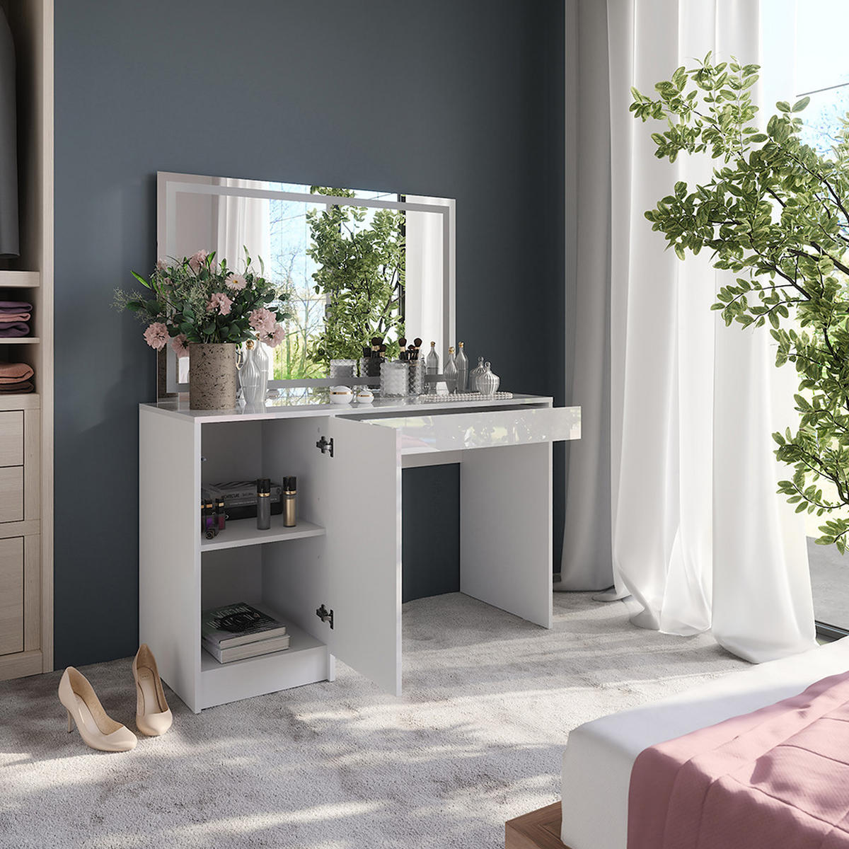 SCHMINKTISCH Sherry Weiß/Weiß Hochglanz 119.8 cm mit LED-Spiegel - Weiß Hochglanz, Holzwerkstoff (119.8/76/50.1cm) - Vicco
