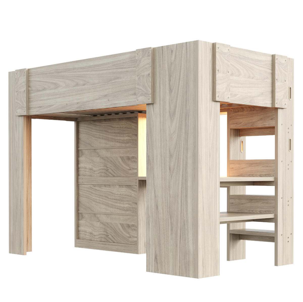 HOCHBETT 90/200 cm Holzfarbe mit Schreibtisch, Kleiderschrank und LED - Naturfarben, Holzwerkstoff (90/200cm) - MIVRAY