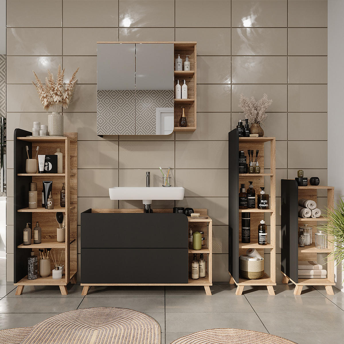 MIDISCHRANK Karen Sonoma/Anthrazit 30 x 90 cm mit 4 Ablagen - Anthrazit/Sonoma Eiche, Holzwerkstoff (30/90/35cm) - Vicco