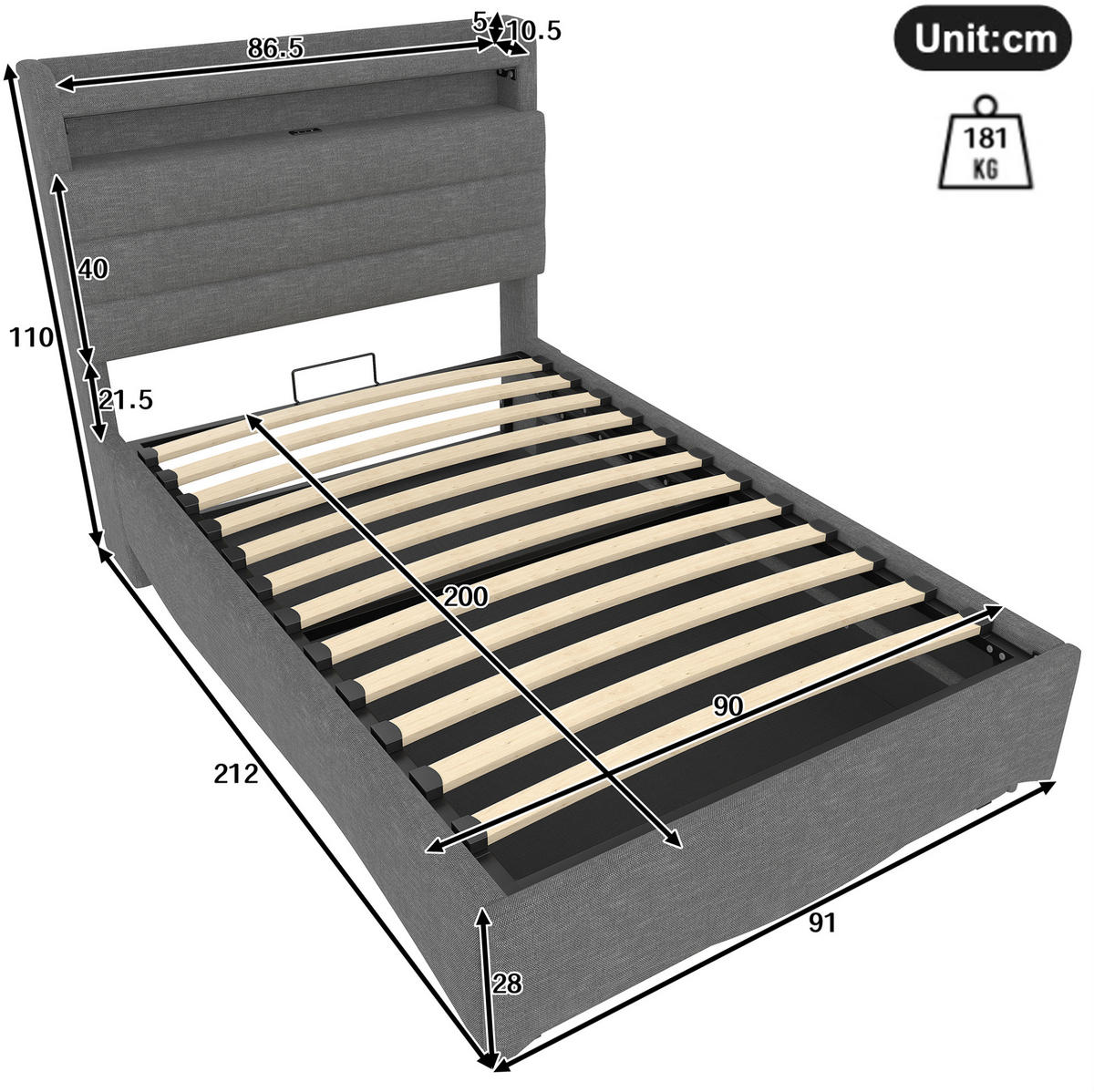 POLSTERBETT 90/200 cm Grau aus Leinen mit LED-Beleuchtung und Stauraum - Grau, Textil (90/200cm) - OKMYHOME