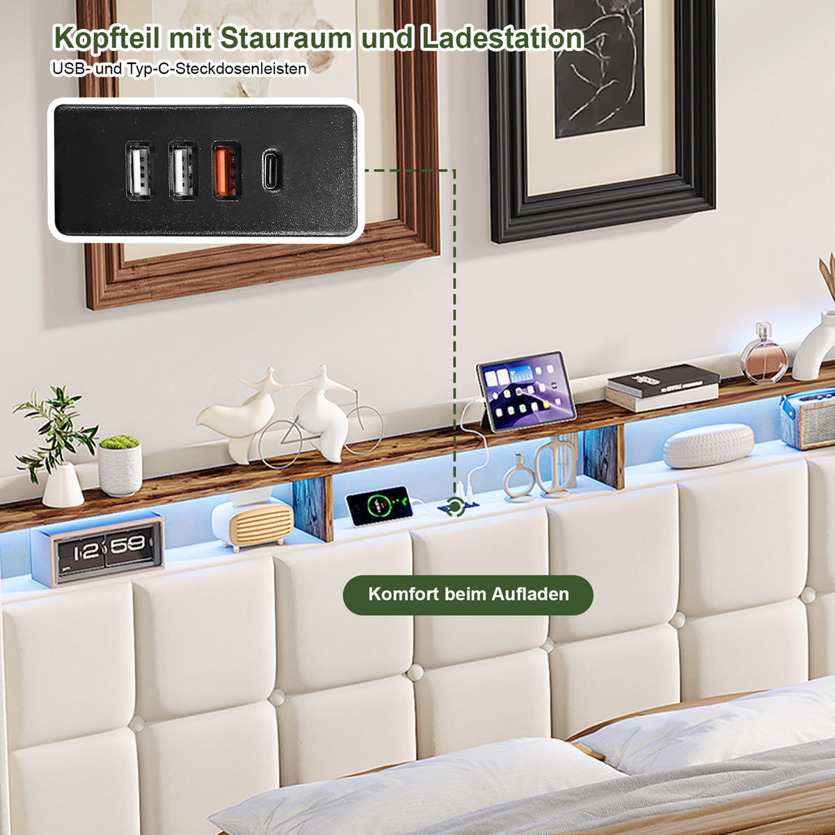 POLSTERBETT 160x200 cm Beige mit LED Beleuchtung, Kopfteil mit Stauraum und USB/Type-C, hydraulisches Stauraumbett - Beige, Metall (160/200cm) - EuroLiving
