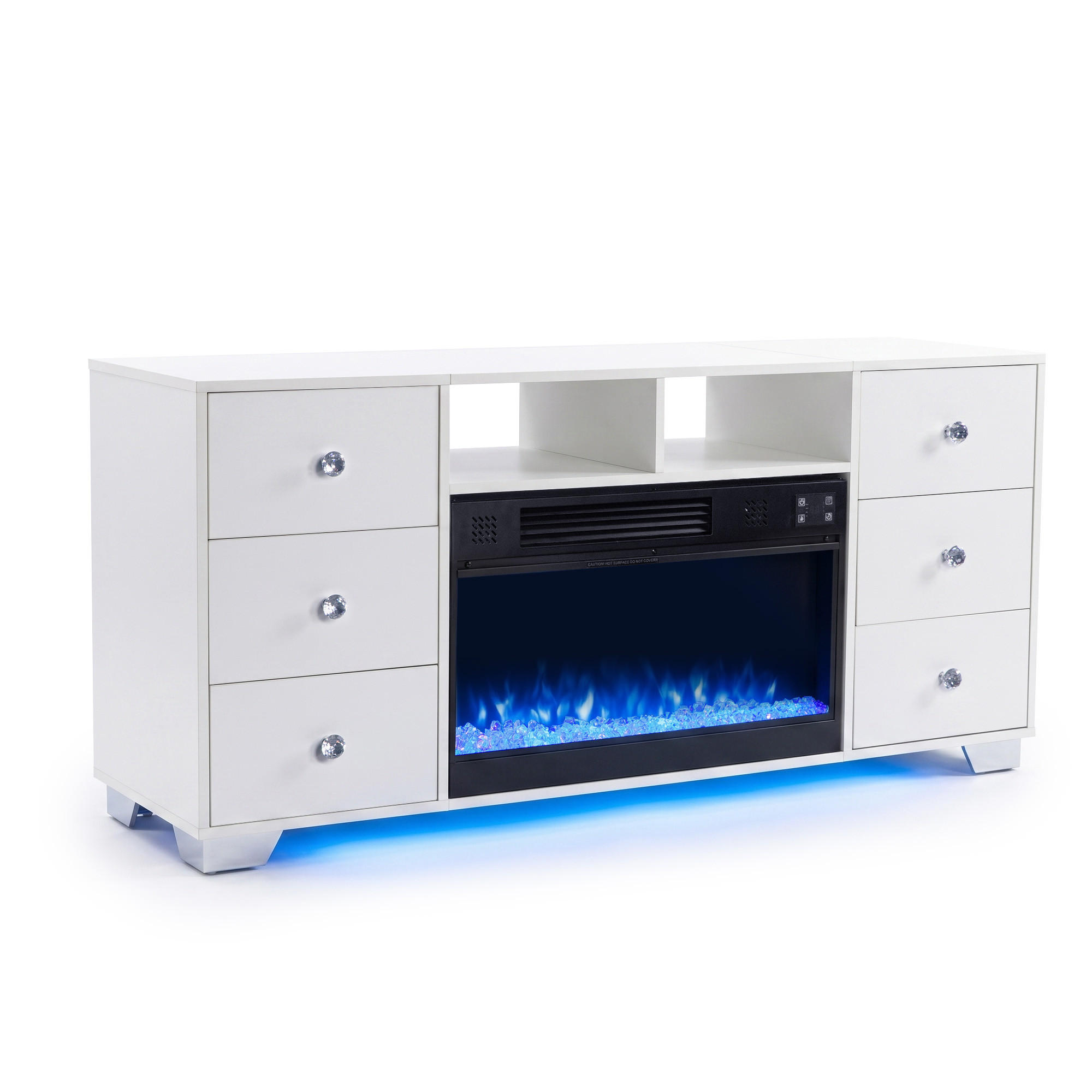 TV Schrank mit Elektrokamin Beleuchtung RGB Lowboard 6 Schubladen 180/40/65CM - Weiß/Grau, Glas/Metall (180/65/40cm) - VANITII