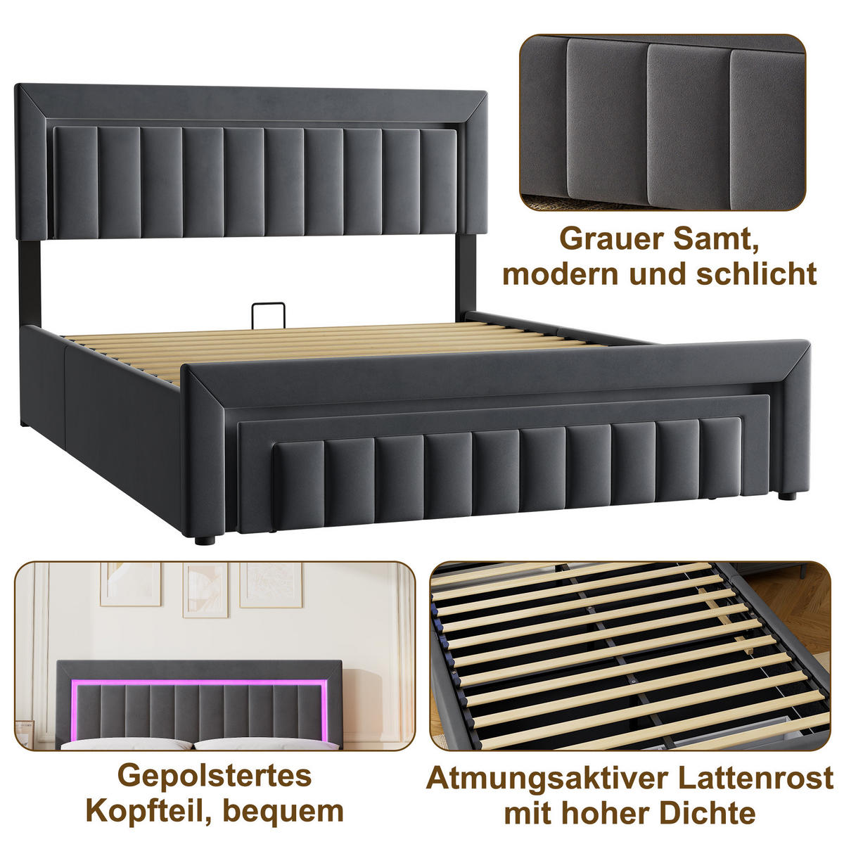 POLSTERBETT 180/200 cm in Grau Samt mit Bettkasten und gepolstertes Kopfteil - Grau, Holzwerkstoff/Textil (180/200cm) - CHICFURN