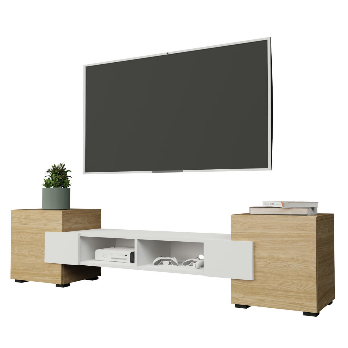 LOWBOARD TV TORINO Hängend + Stehend, Mattes Finish, Arktisches Weiß, Ölbehandelt Eiche - Eichefarben/Weiß, Holzwerkstoff/Kunststoff (181/40/35cm) - Komodee