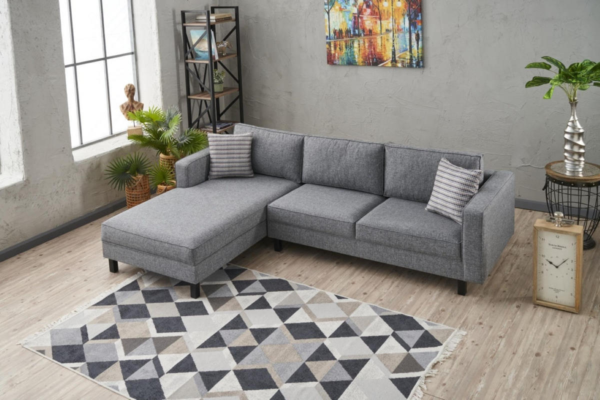 ECKSOFA mit elegantem Leinen-Bezug - Schwarz/Grau, Buchenholz/Textil (258/187cm) - myHomelando