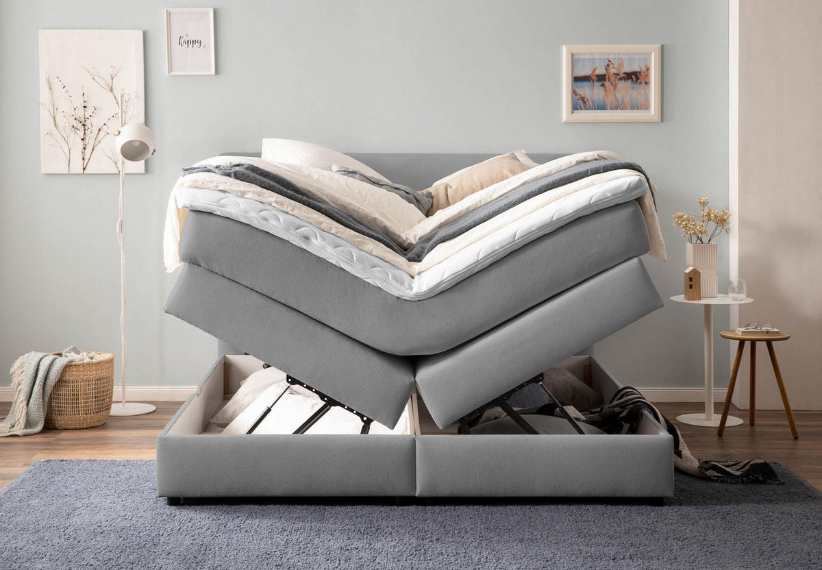BOXSPRINGBETT LOFT 180x200 Hellgrau H2 und H3 mit Bettkasten 7-Zonen Taschenfederkern Matratze inkl. Visco Topper - Hellgrau, Textil (180/200cm) - Belanoti