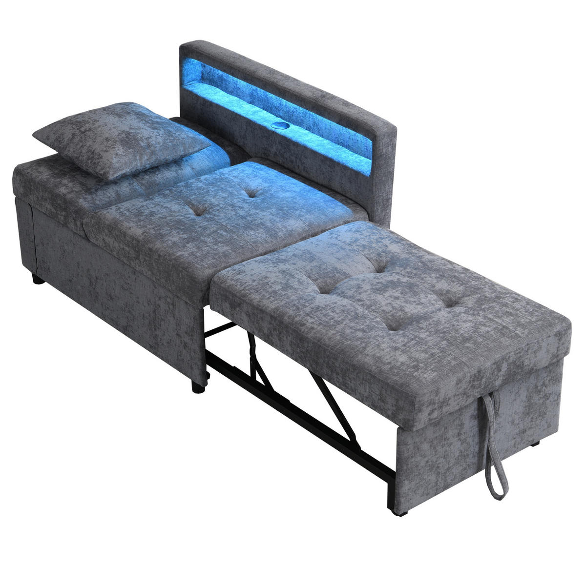 ROZKLÁDACÍ pohovka s lněným potahem, 177/68/65 cm světle šedá, 3 v 1 s LED a USB - světle šedá, kůže (177/65/68cm) - BEAOK