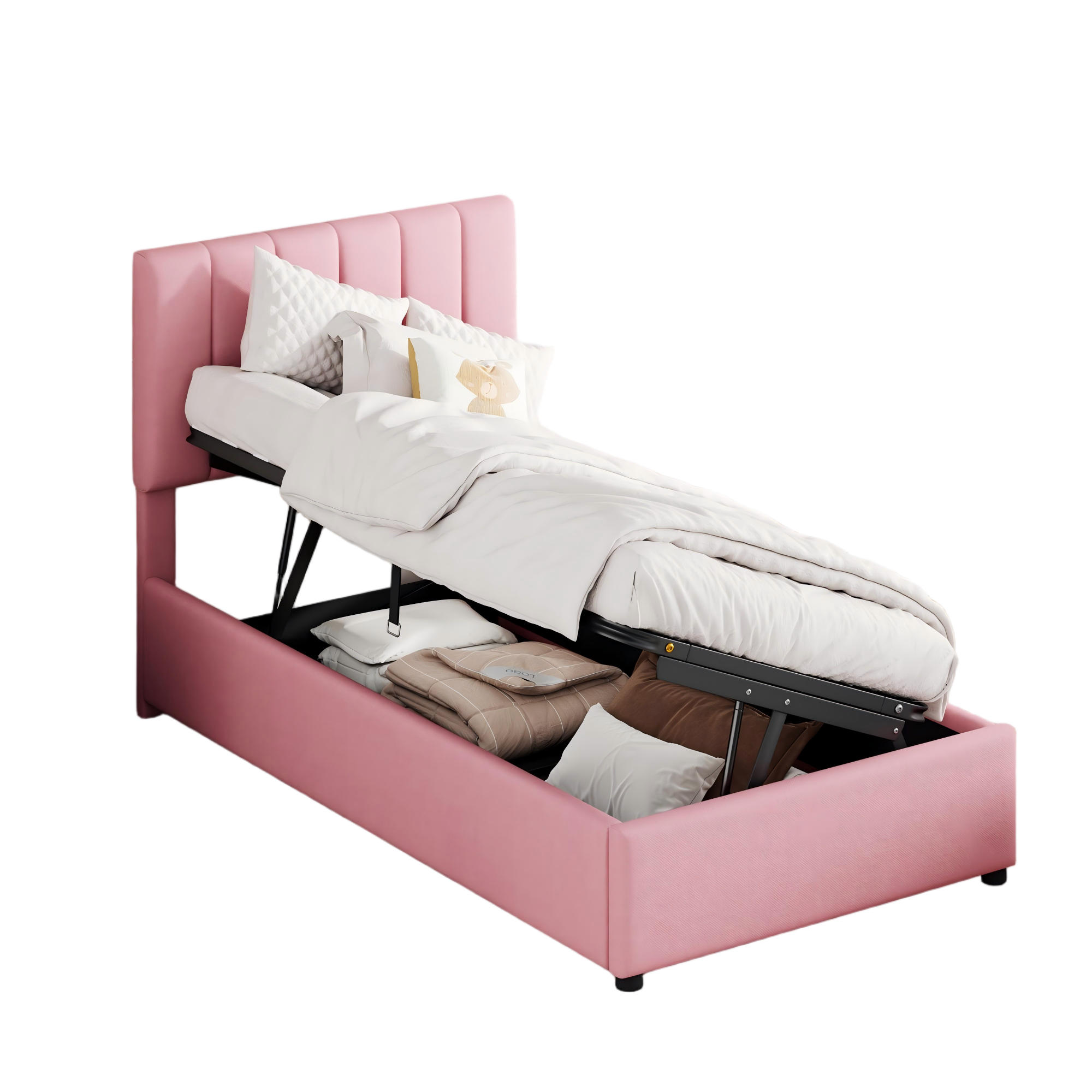 OKWISH DĚTSKÁ čalouněná postel 90/200 cm růžová z lněné tkaniny s hydraulickým úložným prostorem