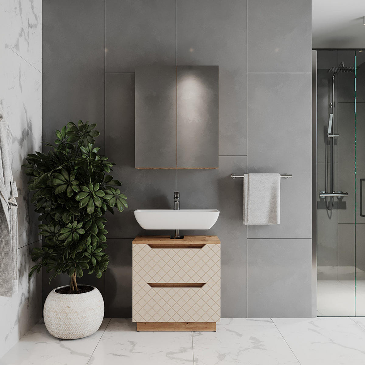 BADMÖBEL-SET Lotta Eiche/Grau mit Kachelstruktur 2 Teile - Kaschmir, Holzwerkstoff (59.8/62.5/32cm) - Vicco