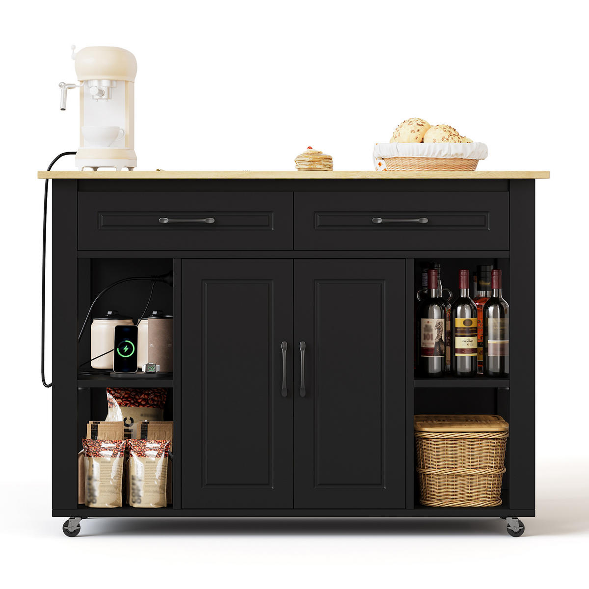 KÜCHENINSEL 120/77/93 cm schwarz naturfarben mit ausziehbarer Bartheke und Steckdosen - Schwarz, Holzwerkstoff (120/93/77cm) - OKWISH
