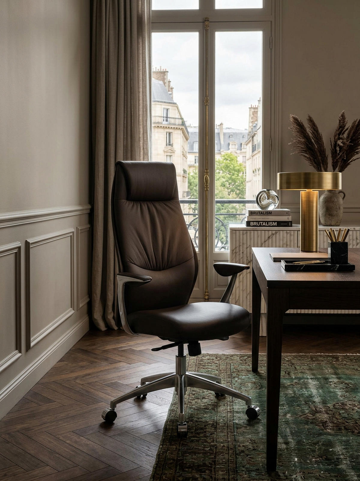 CHEFSESSEL Echtleder mit 3-Stufen-Synchronmechanik und Aluminiumfußkreuz TEMZA, Braun 67x58x125 cm - Silberfarben/Braun, Leder/Metall (67/125/58cm) - KADIMA DESIGN