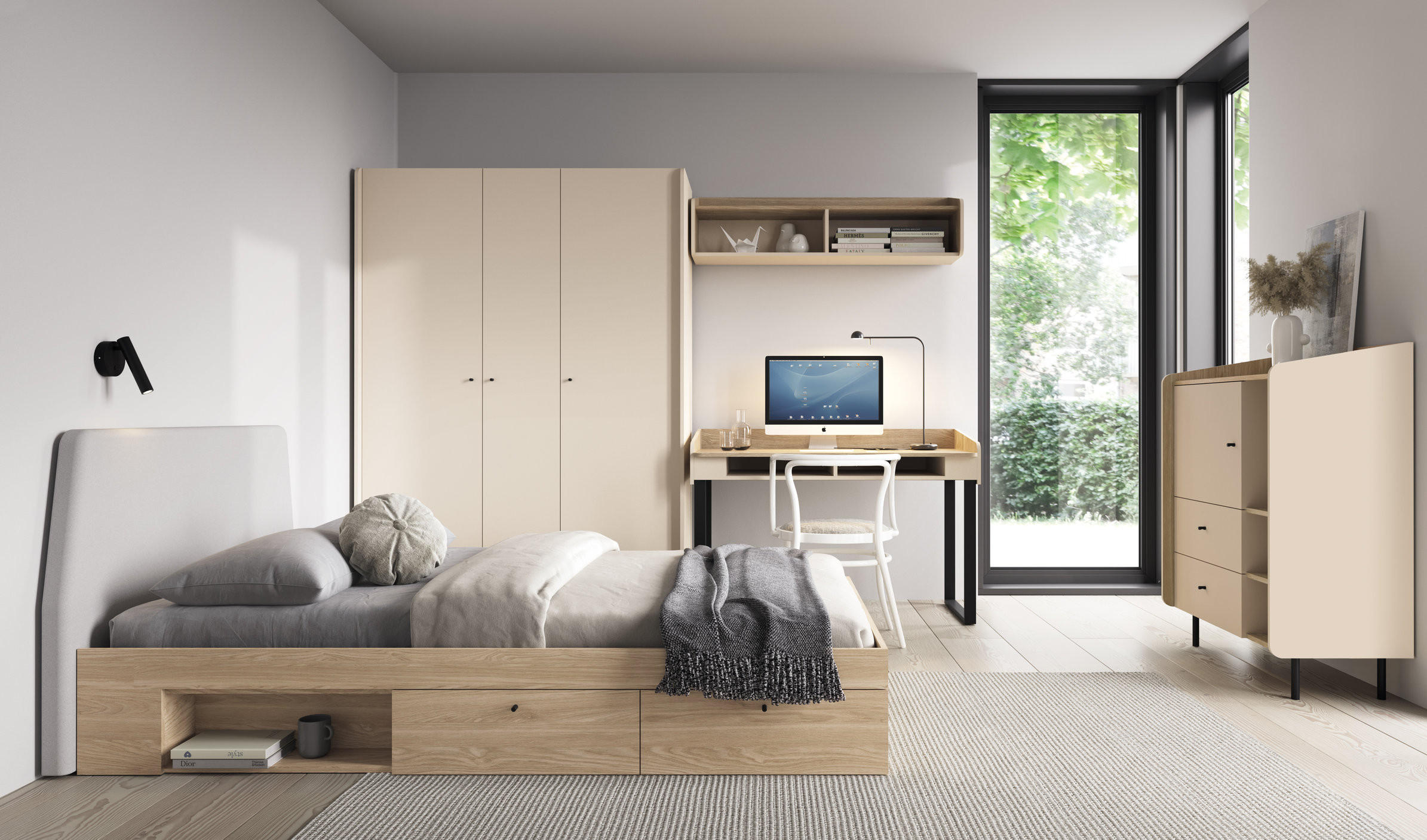 JUGENDZIMMER Ara in Sand und Eiche 6 teilig mit Kleiderschrank 3 türig - Sandfarben/Eichefarben, Holzwerkstoff (80/200/120cm)