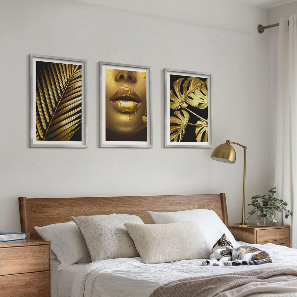 BILDER SET 3er Set - 40x60 cm Silberner Rahmen - Mund einer Frau mit Monstera-Palme - Silberfarben, Kunststoff (40/60cm) - TULUP