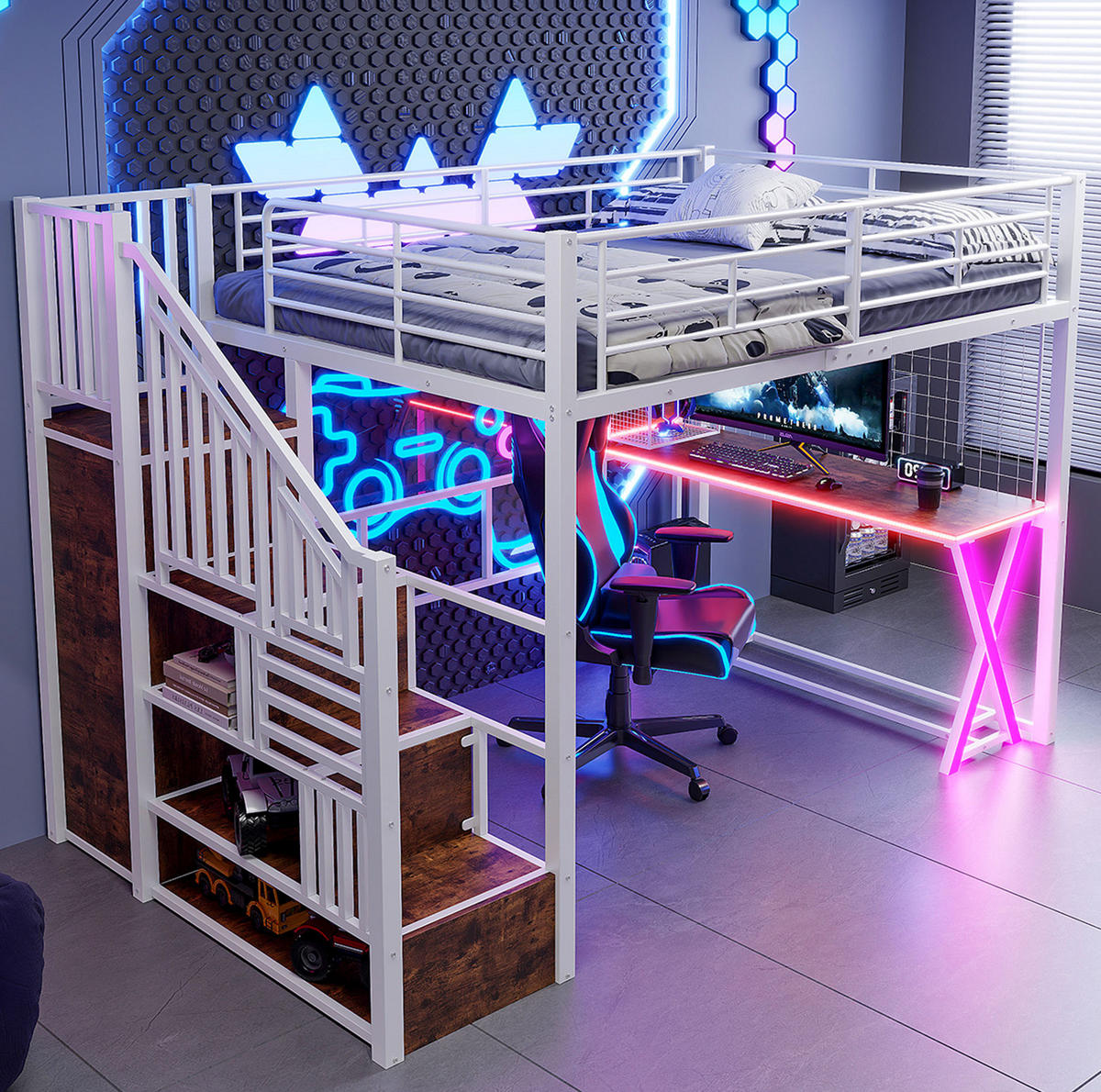 HOCHBETT 140/200 cm mit LED-Beleuchtung, Ablageleiter, Schreibtisch und Kleiderschrank, Metall und MDF, Weiß - Weiß, Metall (140/200cm) - Redom