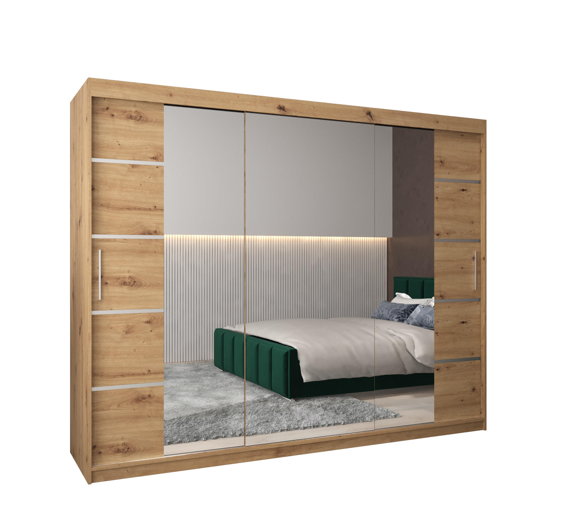 Möbel Kryspol Schwebetürenschrank Eiche Artisan, Silber 250x200x62 cm