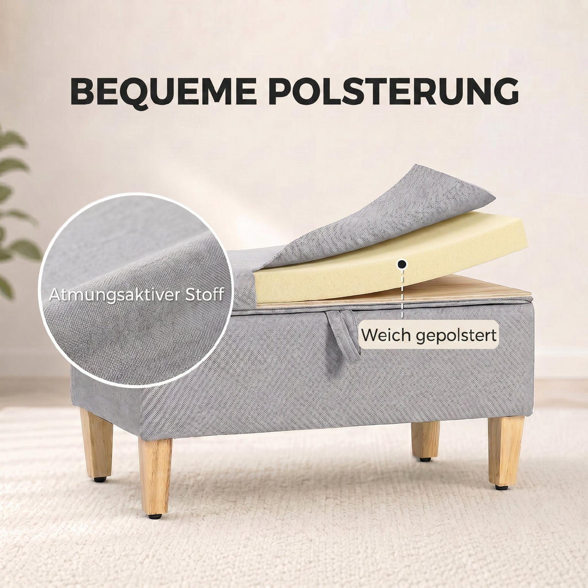 SITZBANK Polyester Schaumstoff Hellgrau - Hellgrau/Naturfarben, Holz/Textil (37/36/71cm) - HOMCOM