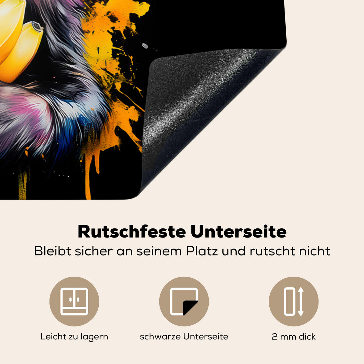 HERDABDECKPLATTE Affe - Graffiti - Farbenfroh - Bananen - Modern 80x52 cm - Gelb, Kunststoff (80.2/0.2/52.2cm) - MuchoWow