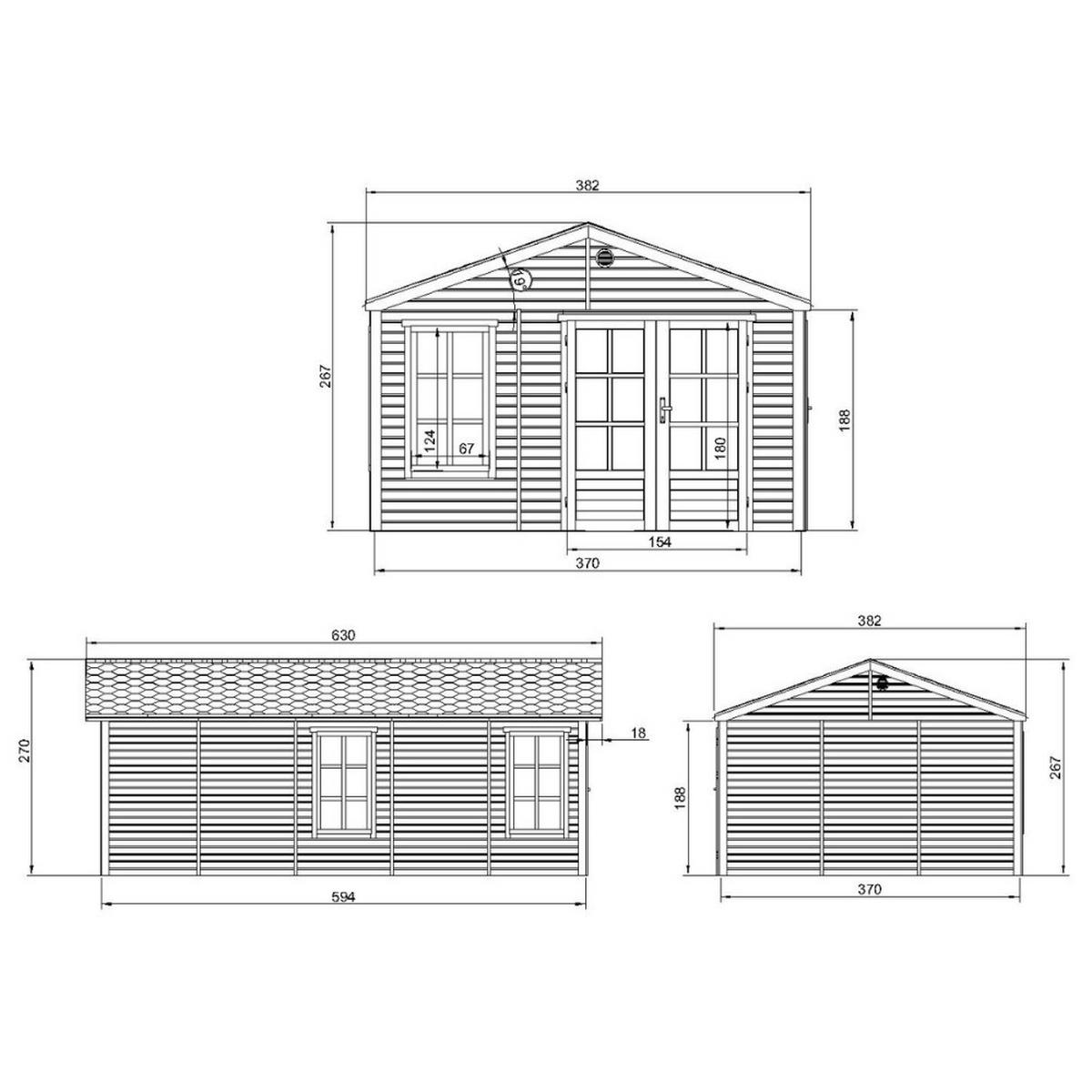 GARTENHAUS HOLZ M737A 370 x 600 cm - Naturfarben, Holz (382/267/630cm) - Timbela