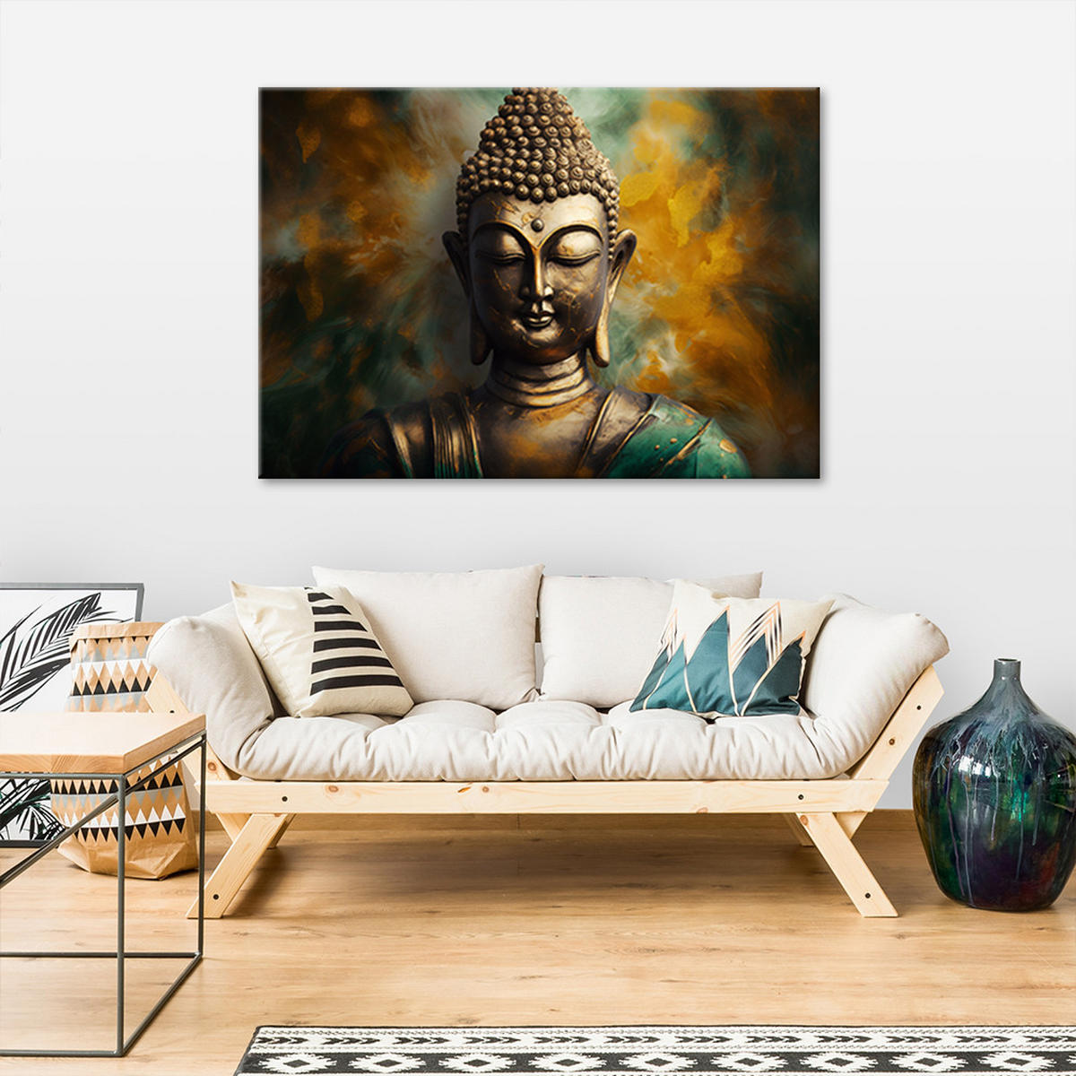 WANDBILD buddha statue abstrakt - Grün, Textil (60/40cm) - Feeby