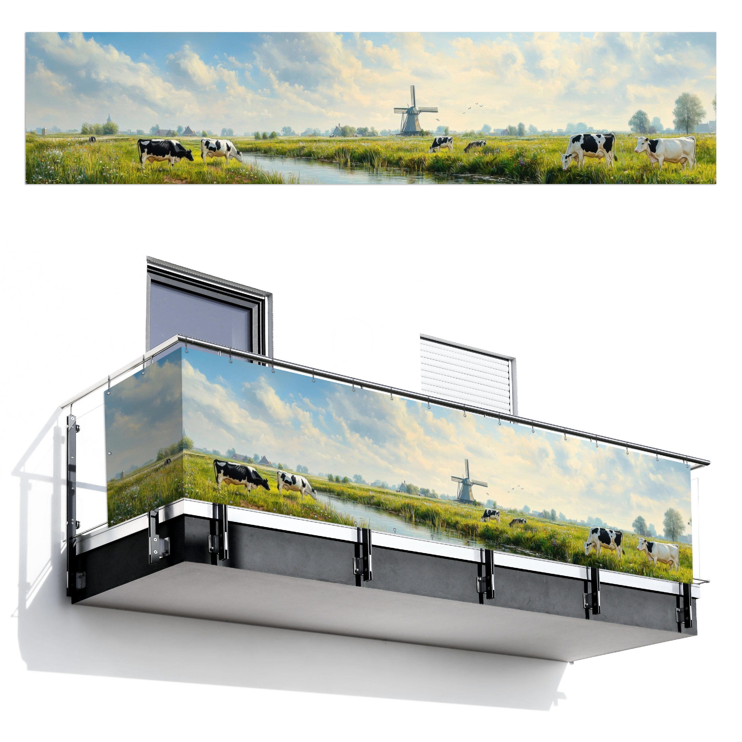 MuchoWow BALKONOVÁ ZÁSTĚNA Krávy - větrný mlýn - louka - modrá 500x110 cm