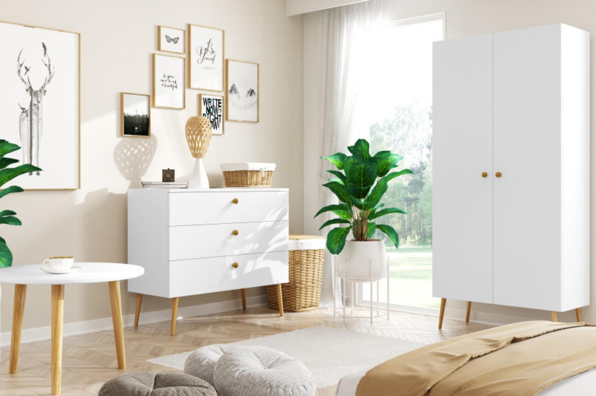 SCHRANK Weiß Boho Tiefe Holzbeine 2 Regale Und Kleiderstange - Weiß, Holzwerkstoff (100/202/52cm) - Sepro Meble