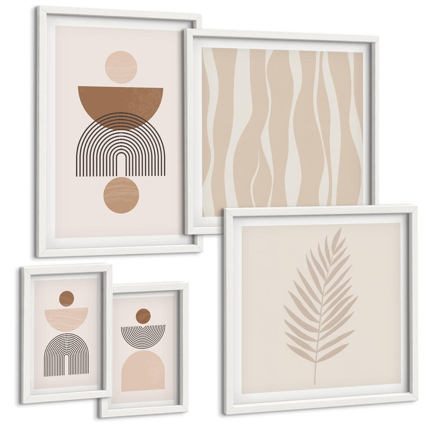 BILDER SET 5er Set - 50x50 cm & 20x30 cm & 40x60 cm Weißer Rahmen - Abstrakte Formen braun beige - Weiß, Kunststoff (40/60cm) - TULUP