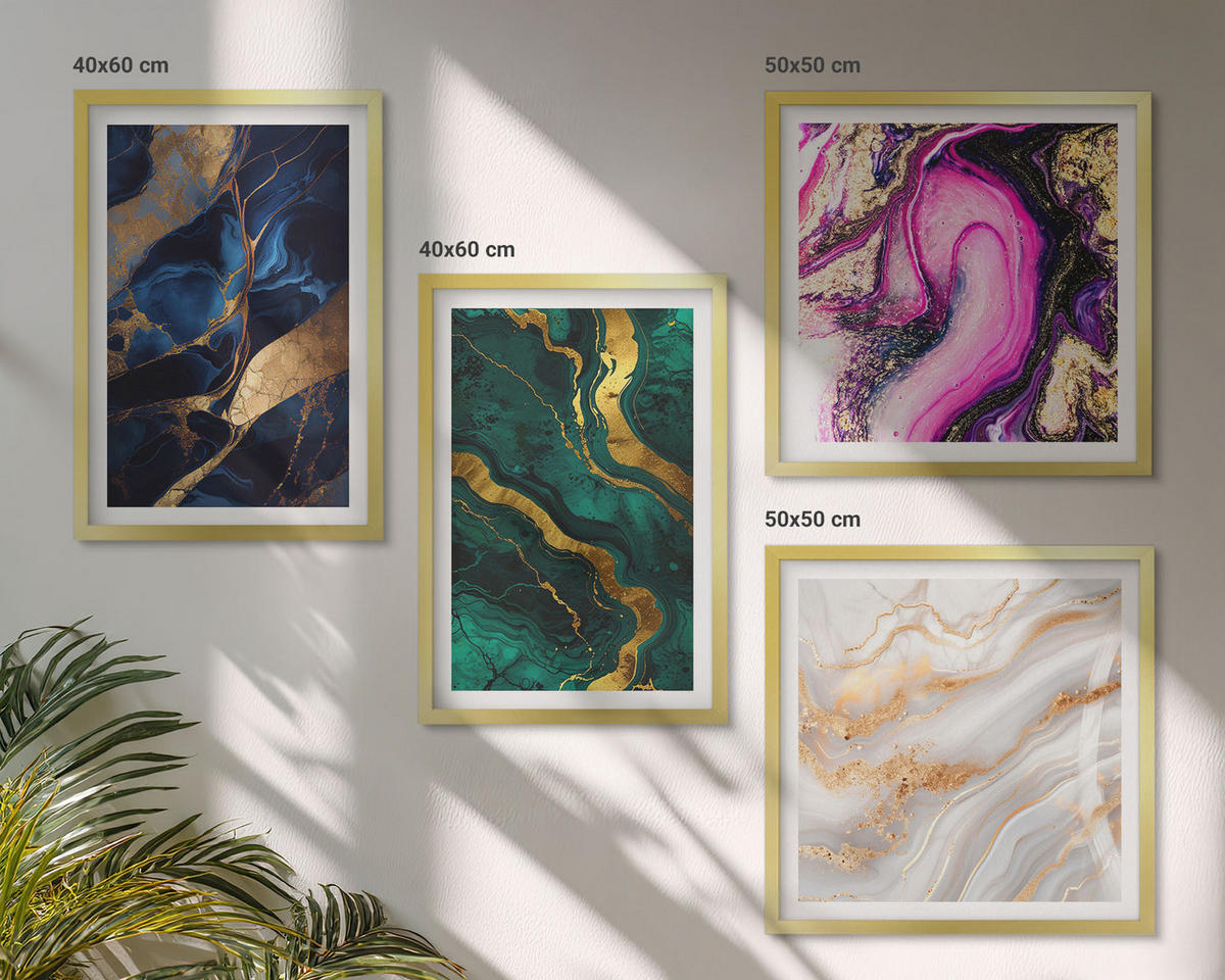 BILDER SET 4er Set - 50x50 cm & 40x60 cm Goldrahmen - Abstrakter Marmor mit Farben - Goldfarben, Kunststoff (50/50cm) - TULUP