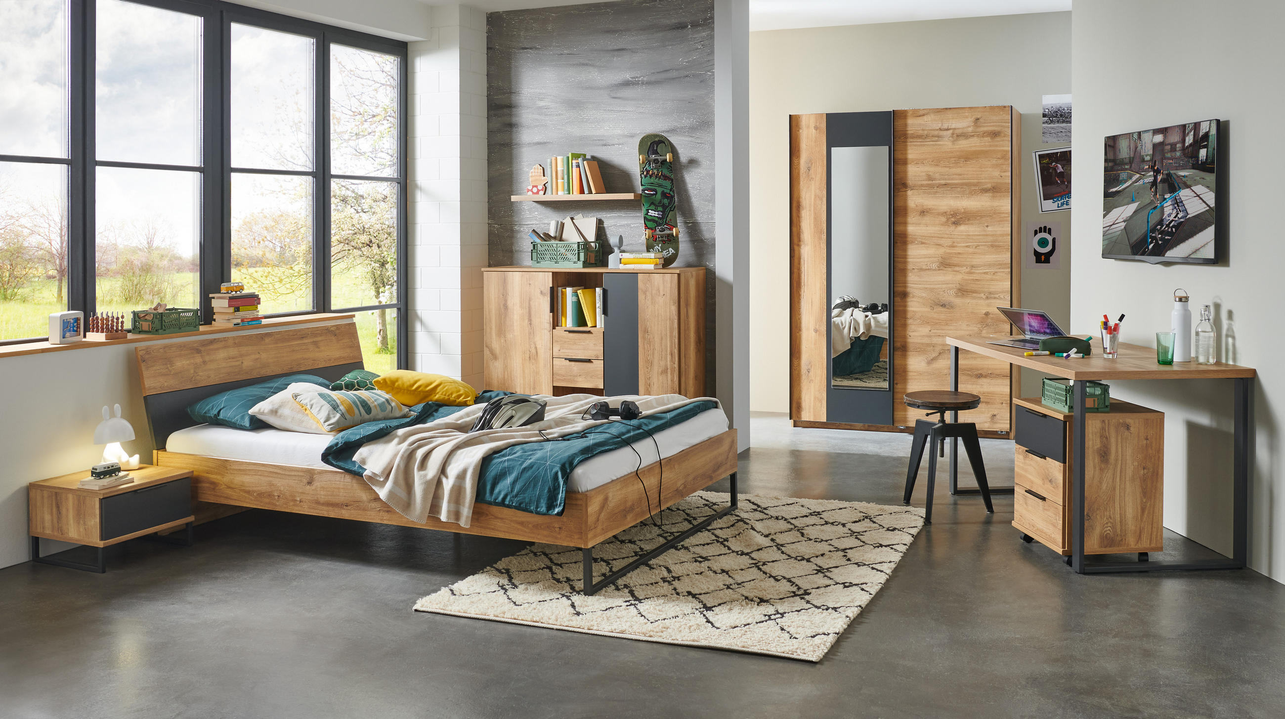 JUGENDZIMMER Texel in Plankeneiche und Grafit 7 teiliges Kinderzimmer Komplett Set - Braun, Holzwerkstoff (120/200/80cm)