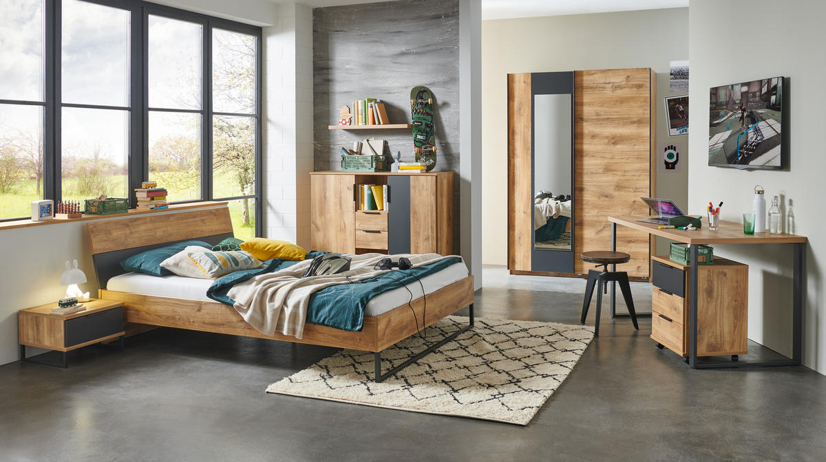 JUGENDZIMMER Texel in Plankeneiche und Grafit 7 teiliges Kinderzimmer Komplett Set - Braun, Holzwerkstoff (120/200/80cm)