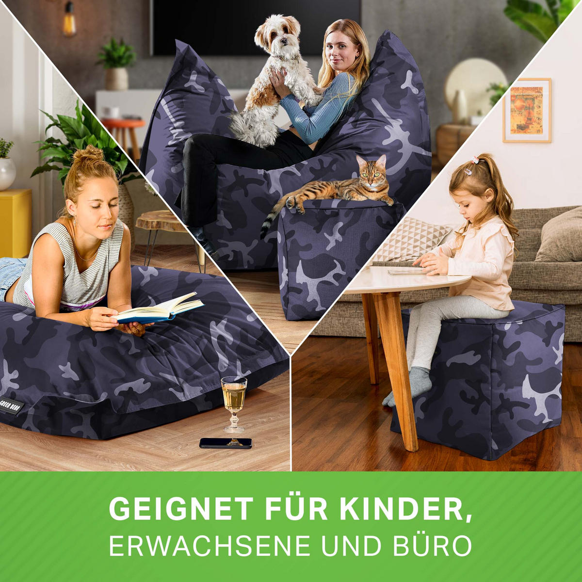 XXL-SITZSACK + Pouf 2er Set - 140x180cm - Multicolor, Textil (140/25/180cm) - Green Bean