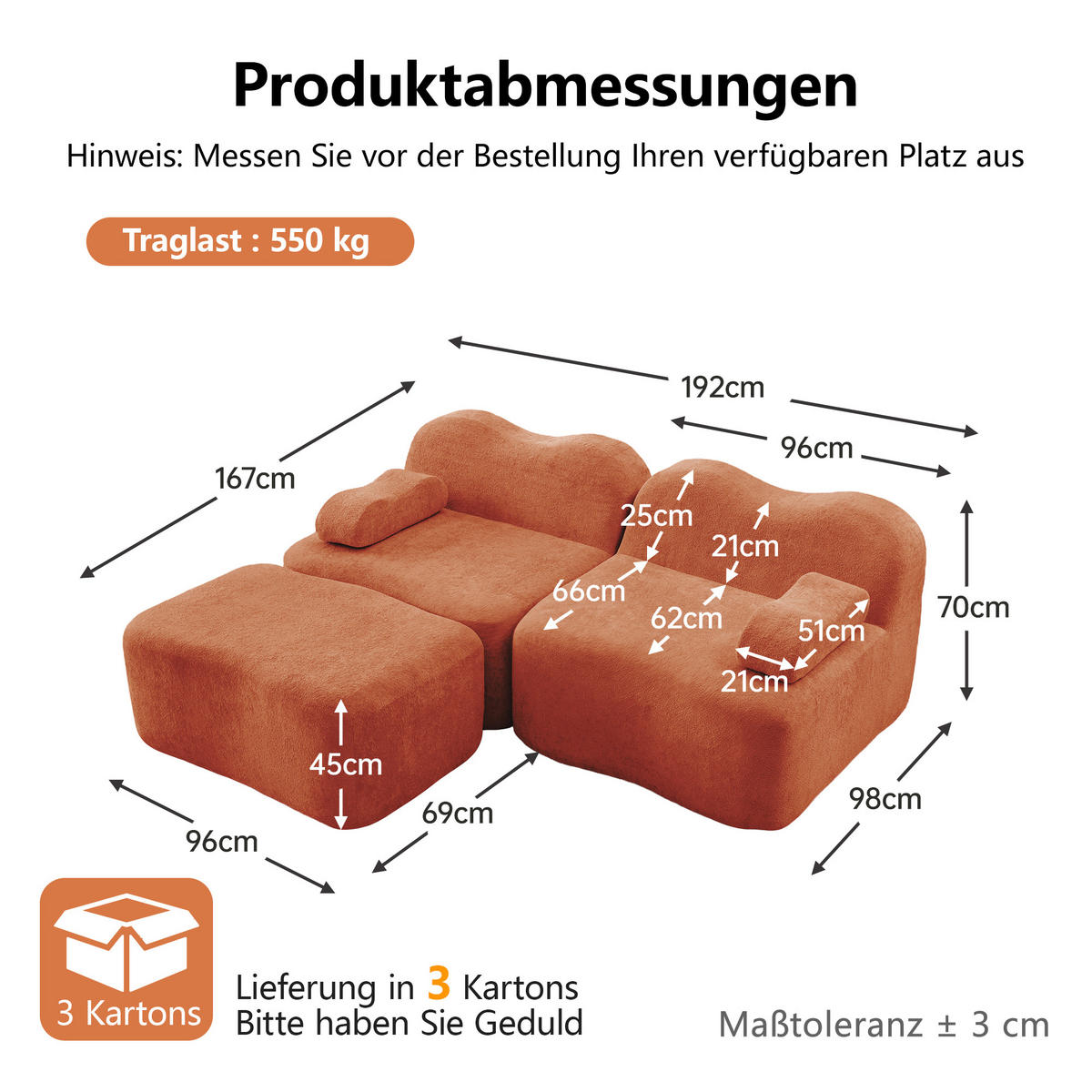 ECKSOFA DE-34348 2-Sitzer mit Wellenform Orange - Orange, Textil (167/192cm) - ComfortXL