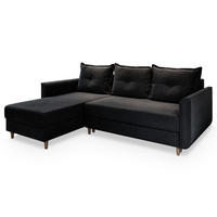 ECKSOFA PISAN L-S Schwarz Plüsch-Stoff mit Schlaffunktion - Schwarz, Holz (220/140cm) - MASSENO