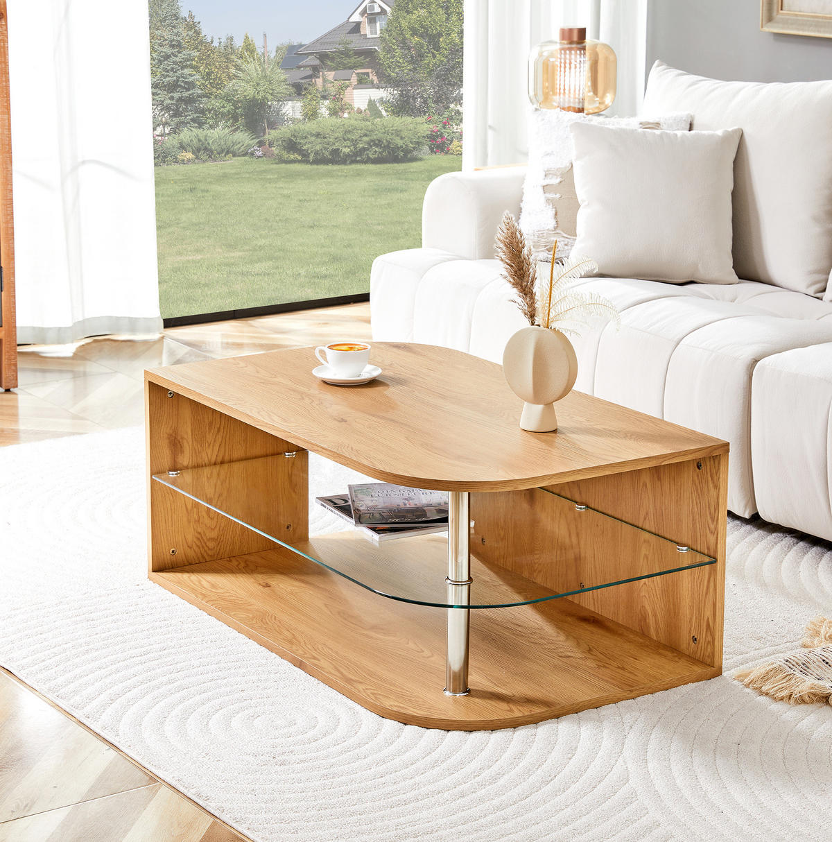 KONFERENČNÍ stolek 100/60/42 cm přírodní z MDF a skla se zásuvným úložným prostorem - přírodní, kompozitní dřevo (100/60/42cm) - OKWISH