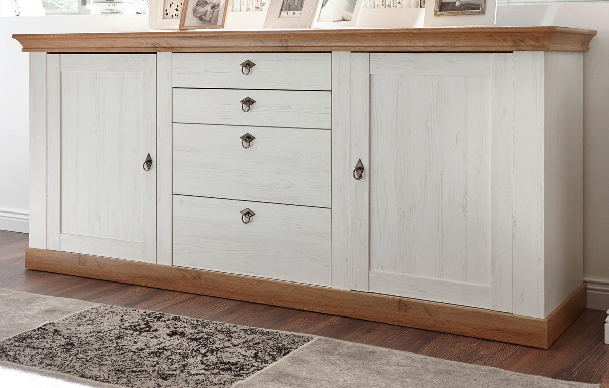 SIDEBOARD weiß Pinie, Eiche Wotan 210 cm, Anrichte im Landhaus-Stil - Eiche Wotan/Silberfarben, Holzwerkstoff/Metall (210/91/52cm) - Furn.Design