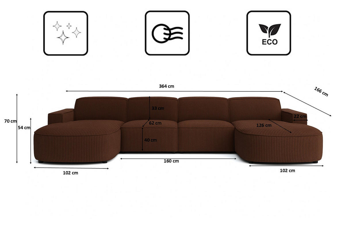 ECKSOFA Cursal Round U-Form, Stoff Poso, Braun - Braun, Holz (364/166cm) - Kaiser Möbel