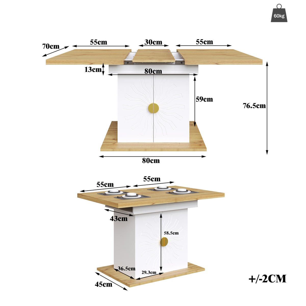 ESSTISCH 110(140)/76/70 cm Weiß aus MDF mit Ausziehfunktion - Weiß, Holzwerkstoff (110/70/76.5cm) - OKMYHOME