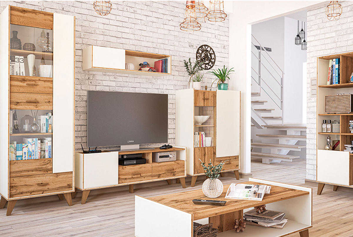 LOWBOARD Skandi weiß / Wotan Eiche 124 / 40 / 54cm - Eichefarben/Weiß, Holz/Holzwerkstoff (124/54/40cm) - Feldmann-Wohnen