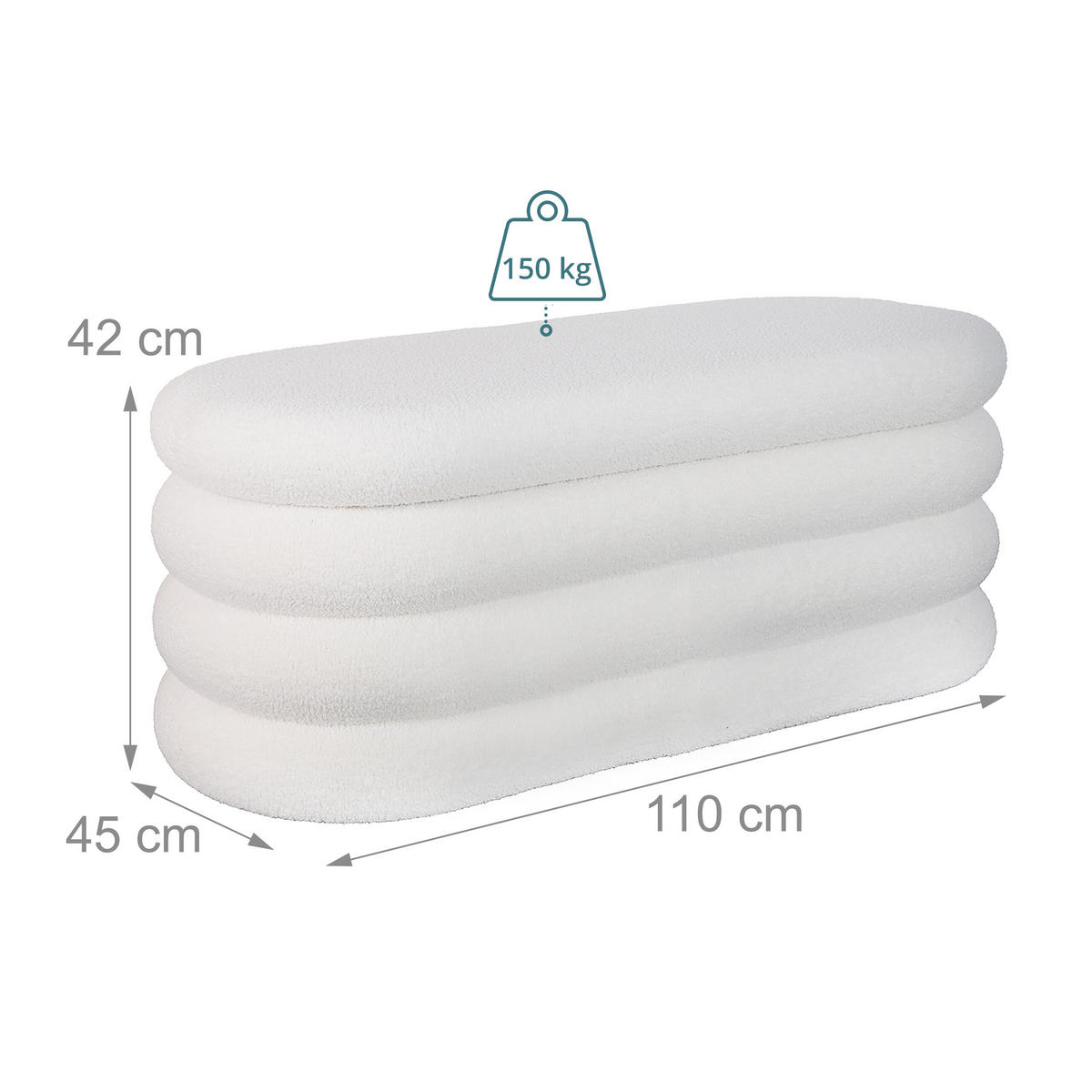 SITZBANK Weiß Teddystoff mit Stauraum - Weiß, Holzwerkstoff/Textil (110/42/45cm) - Relaxdays