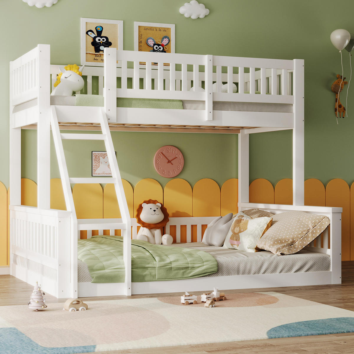 ETAGENBETT 90/200 cm + 140/200 cm aus Kiefernholz mit Leiter und Bettgitter - Weiß, Holz - BEAOK