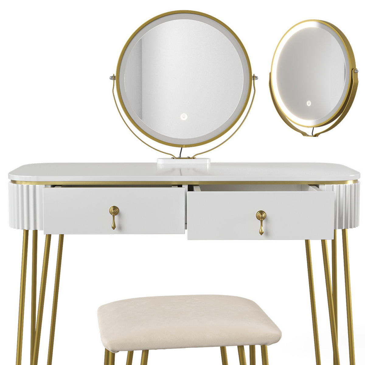 SCHMINKTISCH Grace Weiß 100 cm mit LED Beleuchtung und Hocker - Weiß Hochglanz, Holzwerkstoff (100/126/40cm) - Vicco