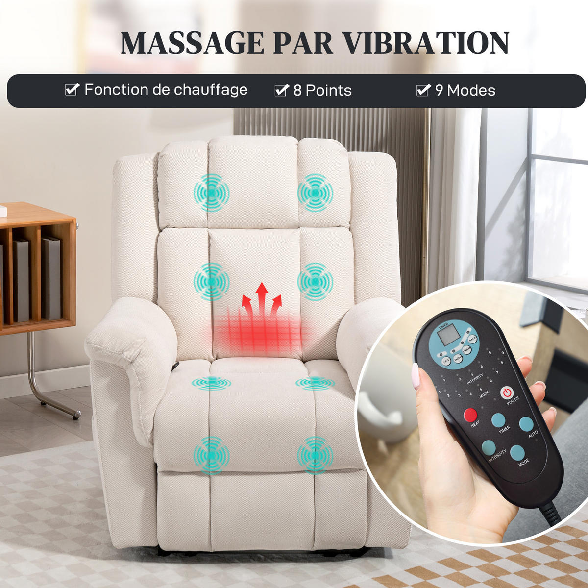 MASSAGESESSEL Beige mit Massage- und Heizfunktion 91/85/104 cm - Beige, Textil (91/104/85cm) - PANGIVO