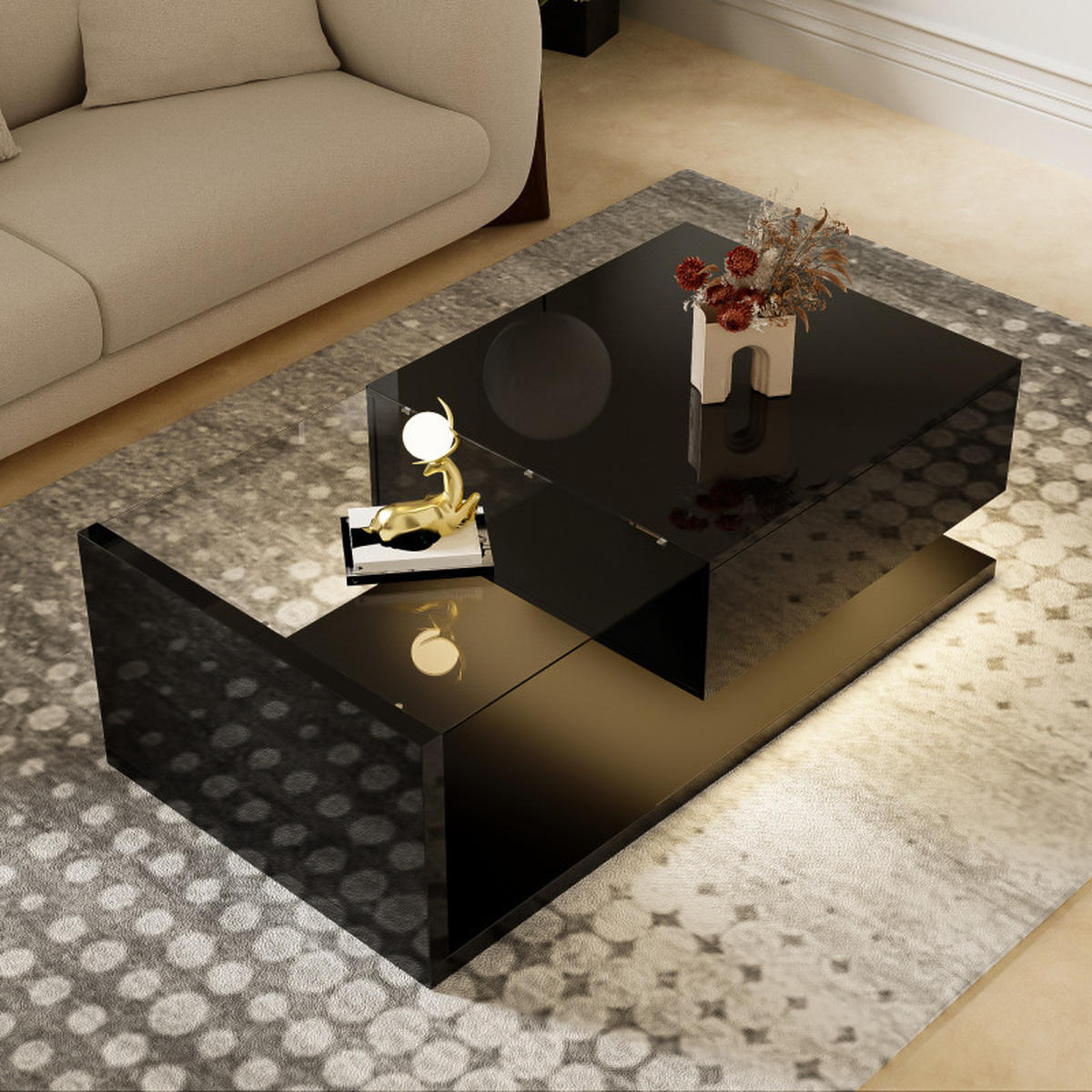 COUCHTISCH Schwarz Hochglanz 105x55x32 cm, Glasplatte, Ablagefach, Wohnzimmer - Schwarz, Holz (55/105/32cm) - PARAFTA HOME