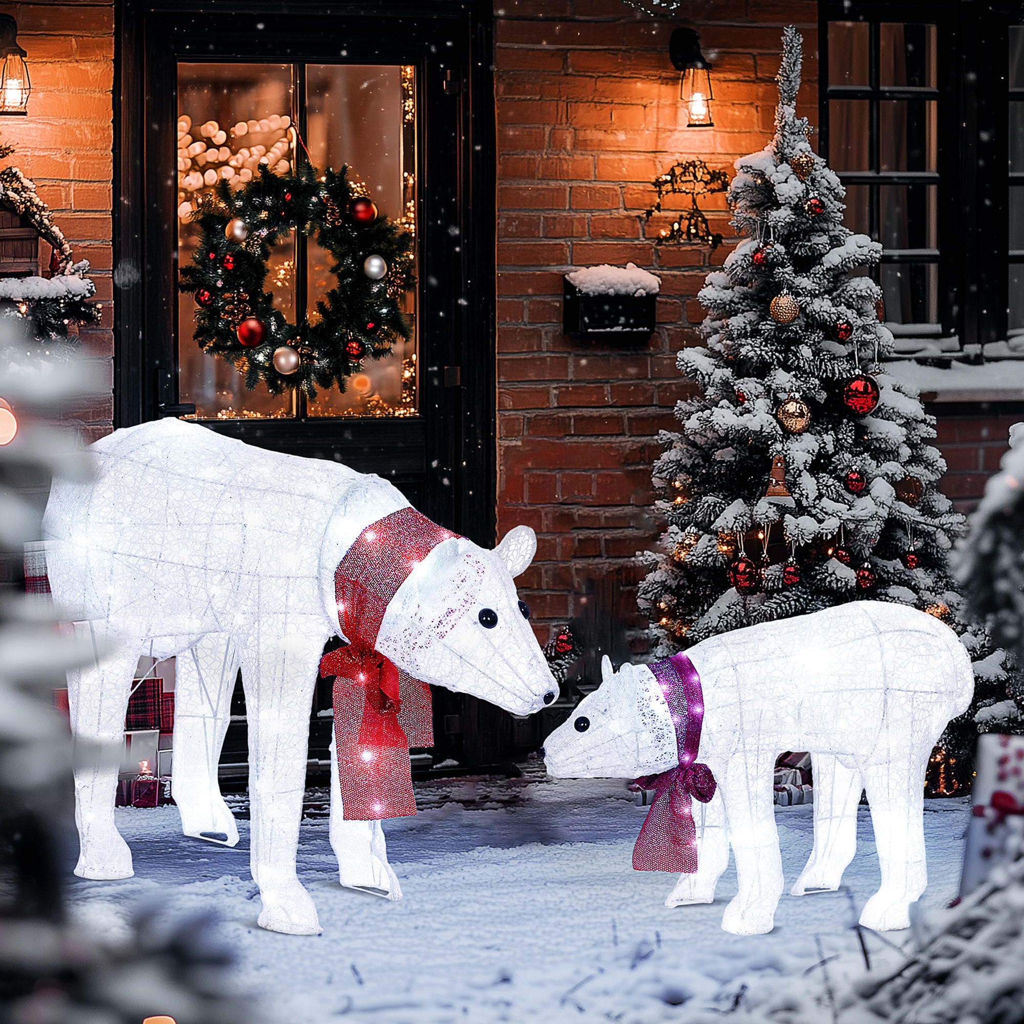 WEIHNACHTSDEKORATION Eisbärenfamilie Mutter und Jungtier mit Timer, LEDs - Weiß, Kunststoff (30/60/80cm) - Outsunny