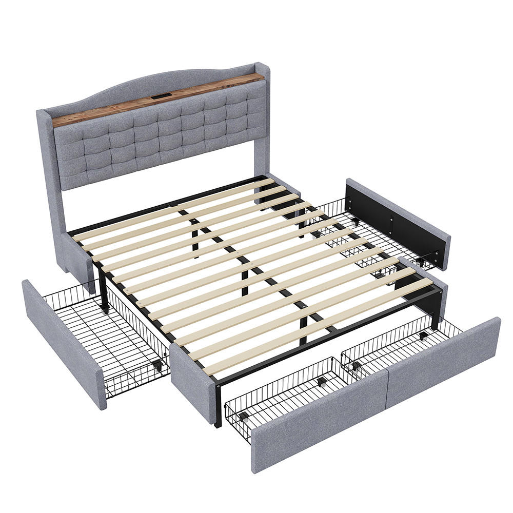 POLSTERBETT 160/200 cm in Grau Leinen mit USB-Ladeanschluss - Grau, Holz/Textil (160/200cm) - KOMHTOM